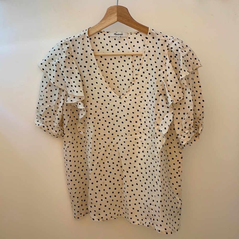 Madewell Polka Dot Ruffled Silk V-neck Blouse